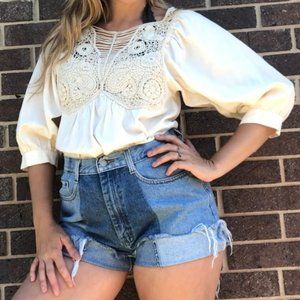 XCVI Crochet Detail Cotton Top Ivory Small Boho Hippie Puff Sleeve Cottagecore